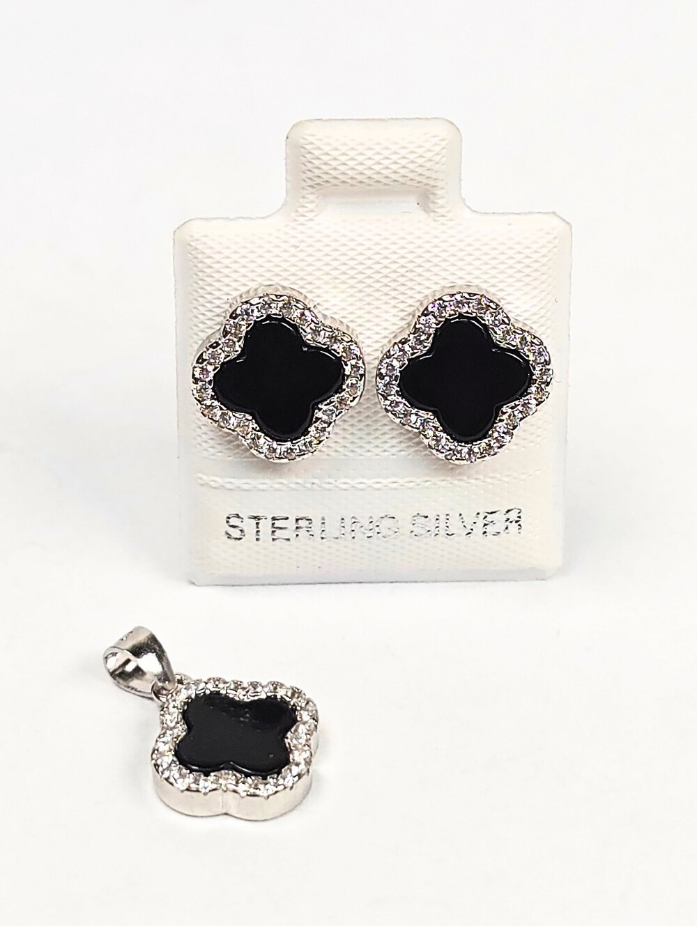 Van Insp. Black Clover Pendant & Stud Earrings Set 925 Sterling Silver Rhodium